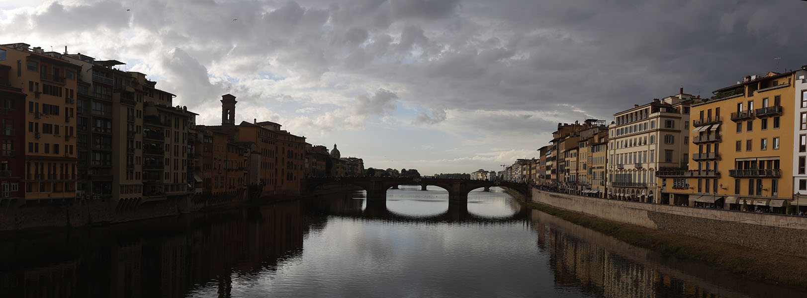 Panoramic Photo of the Arno in Florence with Bridges, Buildings, and Beautiful Sky and Water.